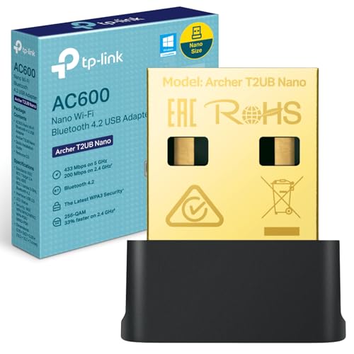 TP-Link Archer T2UB Nano WiFi Dongle, AC600 Bluetooth 4.2 USB adaptador wifi de alta velocidad para PC/portátil, dongle Bluetooth USB inalámbrico de doble banda, compatible con Windows 11/10/8.1/7