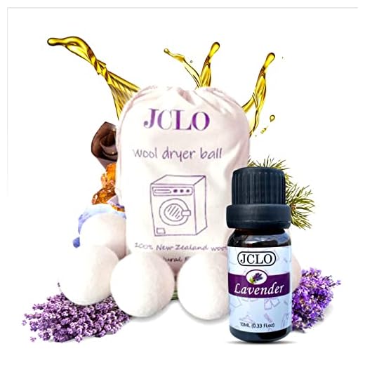JCLO XL 6-Pack Organic Wool Dryer Balls with 10ml Lavender Essential Oil Combo for Use, 100% Organic and Natural, Diffuser and Humidifiers Perfect for Massage and Topical Uses Improves Relaxation
