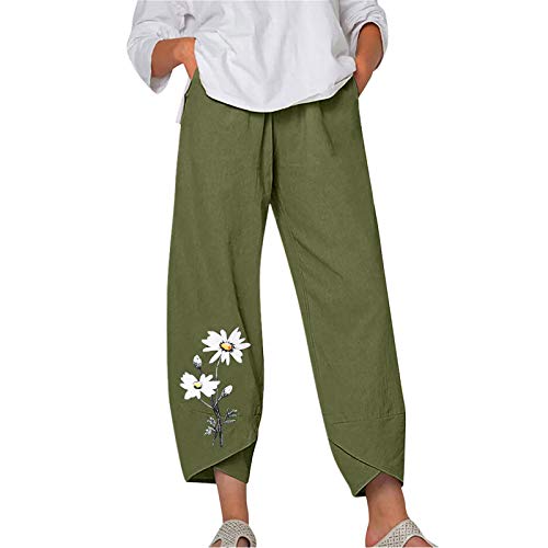 Dreamyth Womens Capri Pants,Womens Casual Summer Pocket Cotton Linen Pants Loose Harem Comfy Yoga Pants Print Cropped Trouser, Green, Large