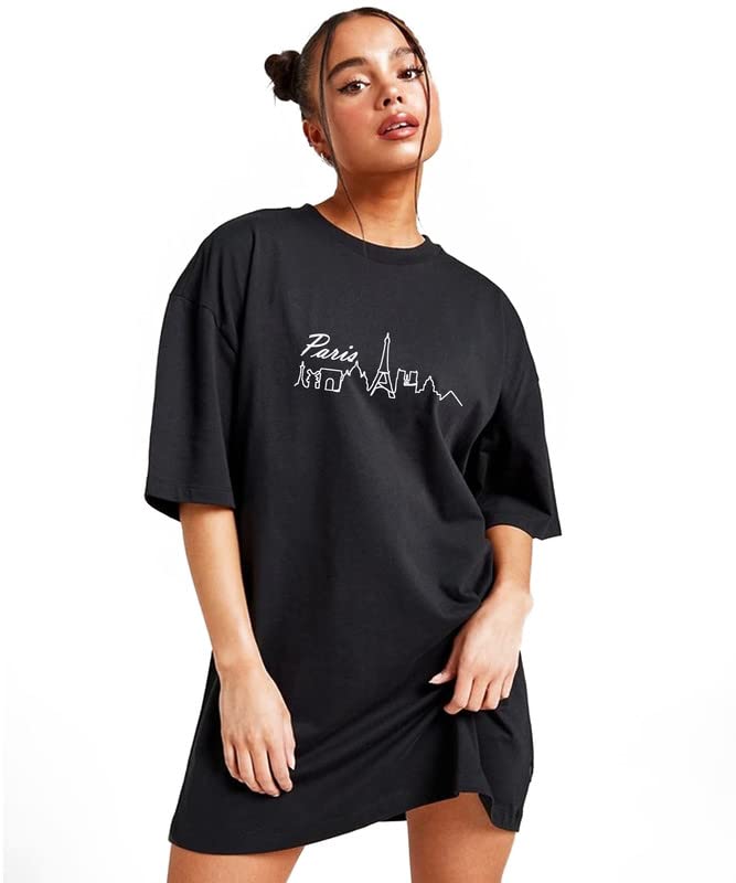 Image of FA Se Fashion Women Pure Cotton Casual Paris City Printed Baggy Oversized Round Neck Drop Shoulder Tshirt, Black, Size S to XL