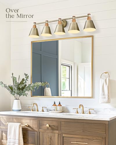 Image of FEMILA Bathroom Light Fixtures, Modern Bathroom Vanity Light with Hammered Metal Shade, Sconces Wall Lighting for Mirror Kitchen Bedroom, Gold, 37 inch