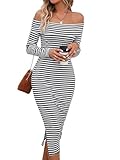 SOLY HUX Women's Striped Split Hem Off Shoulder Long Sleeve Bodycon Dress Midi Dresses Black and White Striped M