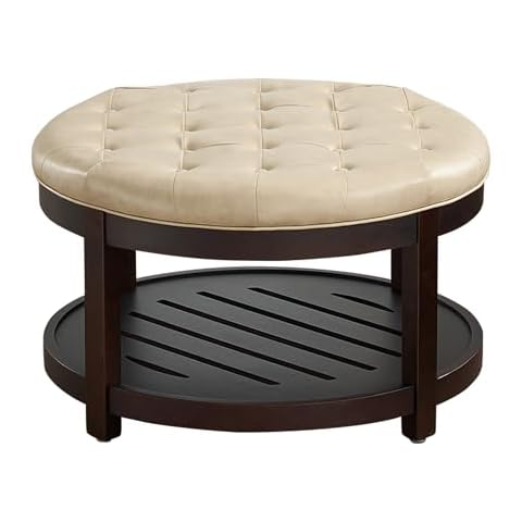 adochr PU Leather Large Round Ottoman with Storage, Upholstered Button Tufted Circle Ottoman for Living Room, Oversized Ottoman Coffee Table Footrest with Wood Shelf Storage, Ivory Cover