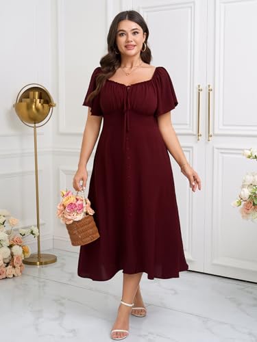 Image of Womens Plus Size Dress Square Neck Smocked Button Down Tie Front Split A-Line Maxi Long Dresses