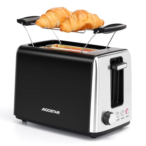 Aigostar 2 Slice Toaster with Warming Rack, 750W Low Wattage Black Toaster, 7 Variable Browning Settings, Defrost Reheat Cancel Functions, Auto Shut-Off, BPA Free - Delish 30A3Y