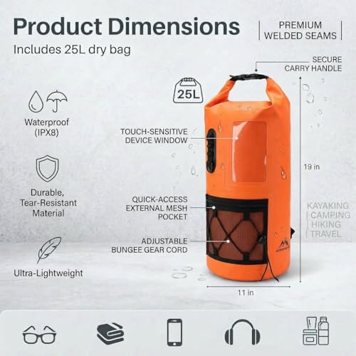 Image of Waterproof Dry Bag 500D PVC Roll Top Dry Sack with 3 Carrying Ways, Lightweight Waterproof Bag for Kayaking, Swimming, Boating, Paddle Boarding, Hiking, Beach(Orange, 25L)