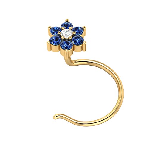 Demira Jewels 14K Yellow Gold Real Blue Sapphire And Diamond Flower Wedding Nose Piercing Ring Stud Pin #TOP1
