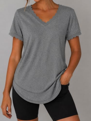 Fisoew Womens Short Sleeve T Shirts V Neck Scalloped Tunic Tops Summer Workout 2026 Trendy Casual Basic Dressy Tees Light Grey — view 2