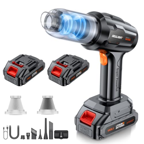 SEALIGHT Aspirador de Mano 35000PA Aspiradora de Coche, 9 en 1 Aspirador Coche con 60 min de Duración, 2 Pilas Recargables, Motor sin Escobillas, Mini Aspiradora para Pelo de Mascotas, Coche, Hogar