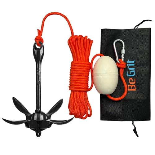 BeGrit Ancla Kayak 1,5kg Kit de Ancla Barco Plegable Pequeña para Moto de Agua Jet Ski Anclaje Agua de Acero Zincado con Cuerda Flotante de 10m y Bolsa de Transporte para Zodiac Capa Barca, Nero
