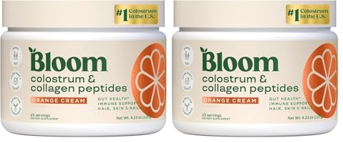 Image of Bloom Nutrition Bovine Colostrum Powder with Vitamin B-12 for Gut Health, Immune Support, Hair Growth & Beauty Supplement | Orange Cream, 25 Servings (Pack of 2)