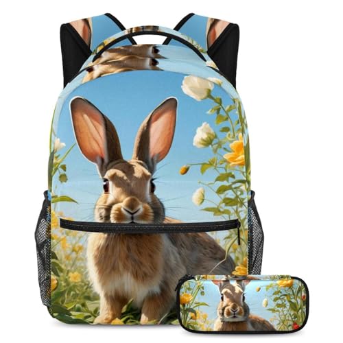 Sac à dos 2 pièces lapin et fleur multicolore pour l'équipement scolaire des adolescents