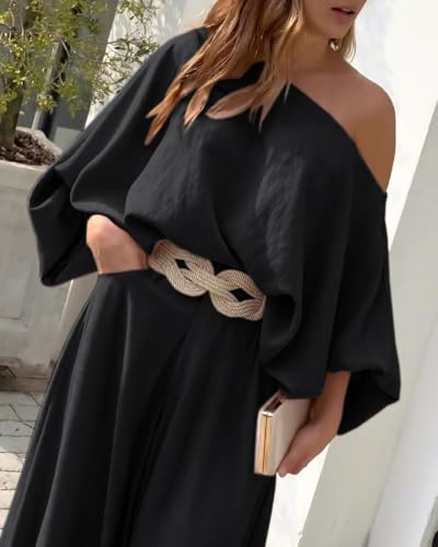 Image of CHICME Women Summer 2 Piece Outfits Off Shoulder Top Flowy Wide Leg Pants Set Vacation Travel Airport Outfits