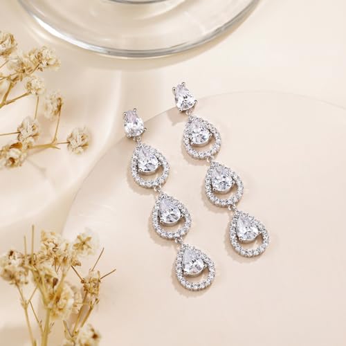 EAMTI 925 Sterling Silver Posts Dangle Earrings for Women Wedding Bridal Earrings Cubic Zirconia Teardrop Long Statement Earrings4