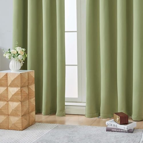 Image of Aiyufeng Sage Green Blackout Curtains for Bedroom 63 Inch Length 2 Panels Set, Solid Thermal Insulated Energy Saving Rod Pocket Window Treatment Curtains Blackout Drapes, W40 x L63 Inch, Sage