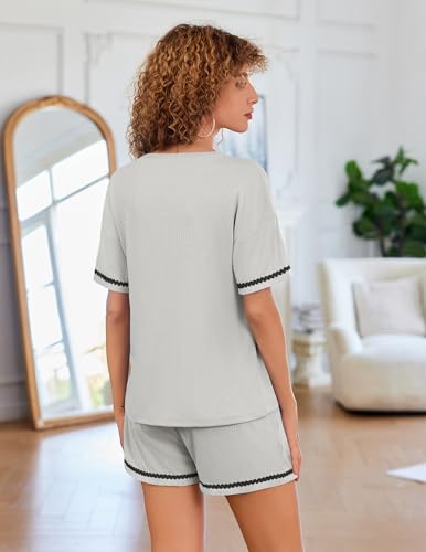 Image of Ekouaer Pajama for Women Sets 2 Piece Ribbed Knit Lounge Sets Pjs Shorts Summer Short Sleeve Sleepwear with Pockets