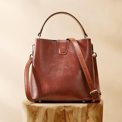 Image of BOYATU Genuine Leather Bucket Bag for Women: Trendy Designer Satchel Crossbody Purse - Casual Top-Handle Handbags for Commute