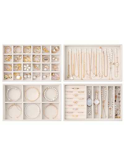 Lolalet Jewelry Drawer Organizer Inserts Stackable Velvet Tray Jewelry Storage Organizers Set Display Cases for Necklaces Bracelets Earrings Rings Chains Bangles Watches Beige Set of 4