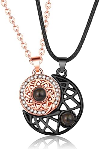 CERSLIMO Couple Magnetic Necklaces, 2 PCS Matching Necklace Couples Gifts for Boyfriend Girlfriend, Romantic Mutual Attraction Gifts | Silver Moon & Son Pendant Necklaces Him and Her Gifts