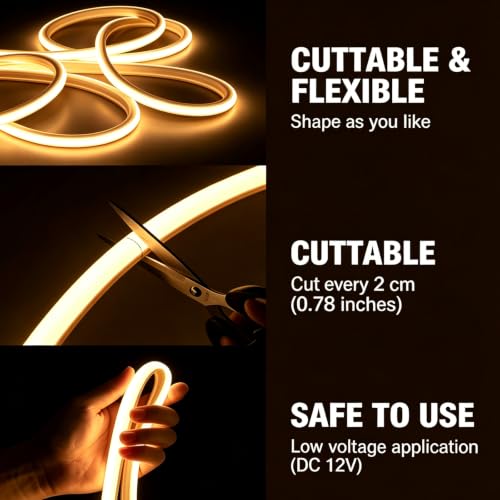 Image of iNextStation 16.4FT Warm White COB LED Strip Lights with Dimmer and Plug | 1560 LEDs Uniform 180 3000K Light with CRI93+, 0.78Inch Cuttable, IP67 Waterproof Silicone Light for Indoor & Outdoor