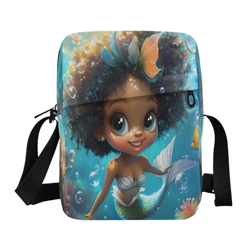 Crossbody Bag African American Black Girl Mermaid Princess Messenger Bag for Women Men Purse Shoulder Bag Satchel Bag with Adjustable Strap 214B8815
