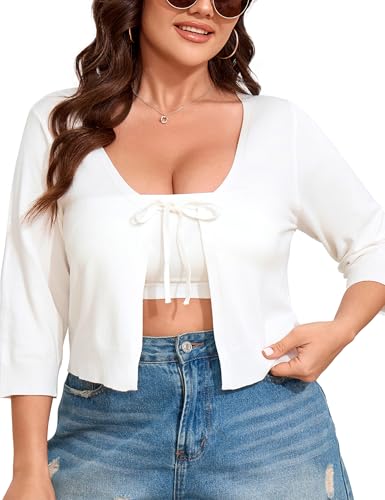 Image of ShopWonder Women's V-Neck Tie Front Shrug 3 /4 Sleeve Rib-Knit Cardigan Sweater Crop Top