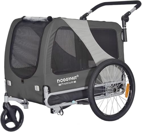 Doggyhut Large Dog Bike Trailer and Stroller, Convertible Design, Reinforced Base Floor, (Grey/Black)