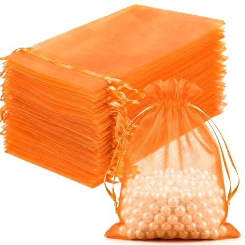 Image of FUNFERY 100PCS Orange Organza Gift Bags 4x6in,Drawstring Pouch for Jewelry