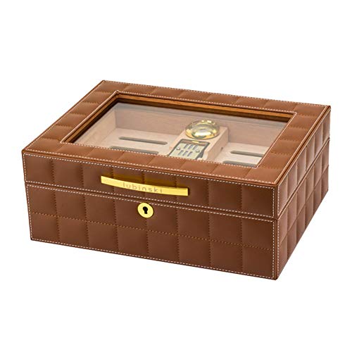 AKT Zedernholz Humidor Zigarrenschachtel Lederoberfläche Große Kapazität Von 50 Zigarren Zigarrenaufbewahrungsbox mit Hygrometer Luftbefeuchter,Brown