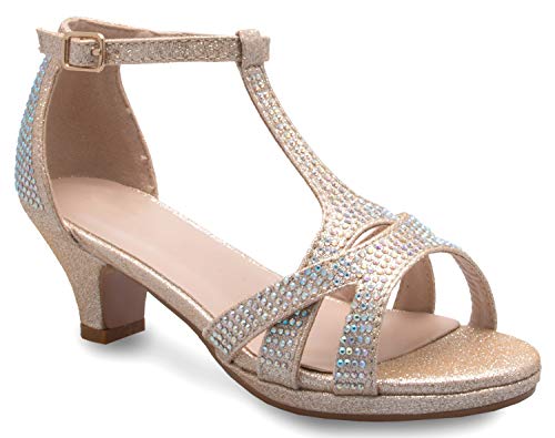 Image of Olivia K Girl's Glitter Leatherette Open Toe Strappy Ankle T Strap Kitten Heel Sandal (Toddler /Little Girl)
