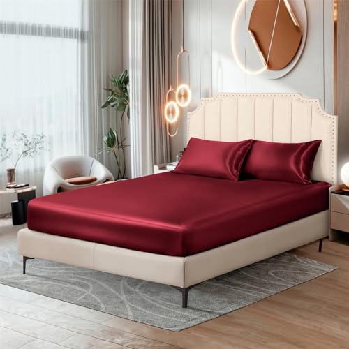 Image of Ersmak Silk Satin Fitted Sheet, Soft Deep Pocket Bottom Luxury Full Fitted Sheet, Wrinkle Free, Breathable, Fade Resistant - Burgundy