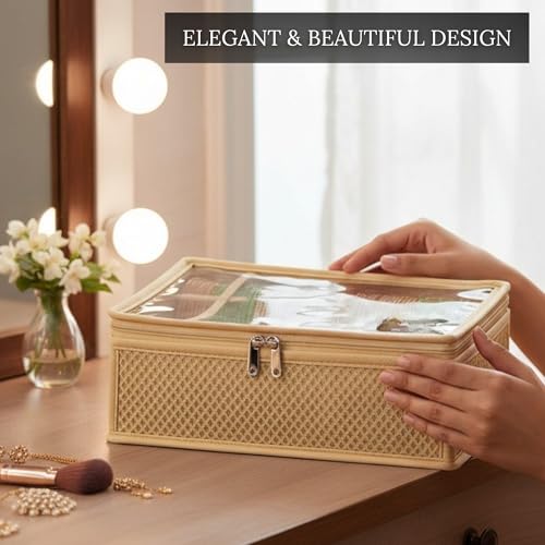 Image of 2 Rod Bangle Storage Box for Women | Hardboard Removable Chudi Organizer with Transparent Top | Jewellery & Watch Holder Case for Home & Travel - Beige (Pack of 1)
