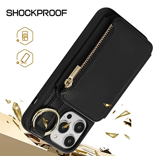 Nunwiza for iPhone 13 Pro Max Case Wallet with Card Holder Hand Straps, Crossbody Leather Zipper Handbag Purse Flip Case Compatible with iPhone 13 Pro Max 6.7 Inch Black