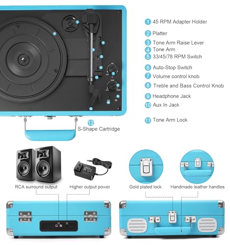 Image of Record Player 3 Speed Bluetooth Portable Suitcase, Vinyl Phonograph with Built-in Bass & Speakers, Belt-Driven LP Player Support AUX-in RCA Line Out Headphone Jack, Blue