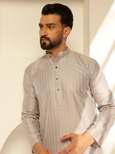 Image of SOJANYA (Since 1958 Men's Silk Blend Contrast White Thread Detailing Kurta With White Pyjama