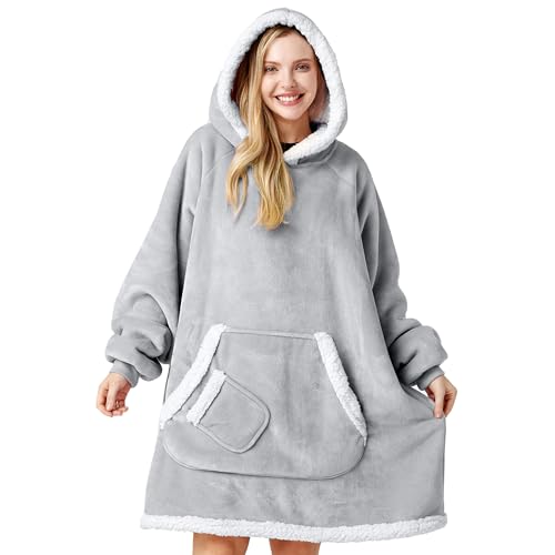 Giggling Getup Wearable Blanket Hoodie for Women Men Gifts for Women Mom Wife Sherpa Fleece Hooded Blanket Sweatshirt Warm Cozy Sherpa Wearable Throw with Pocket & Sleeves for Adult Oversize Gray