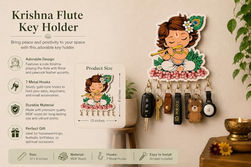 Image of Baby Krishna Wooden Key Holder for Wall | Krishna Flute MDF Key Stand with 6 Hooks | Decorative Wall Mounted Key Organizer for Home Entrance, Living Room & Office | Spiritual Gift Decor