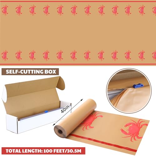 Image of Oudain 40 Inch x 100 ft Crab Print Tablecloth Roll with Cutter Box Plastic Roll Crab Print Table Cover Disposable with Cutter Box for Sea Animals Dining Kitchen Centerpiece