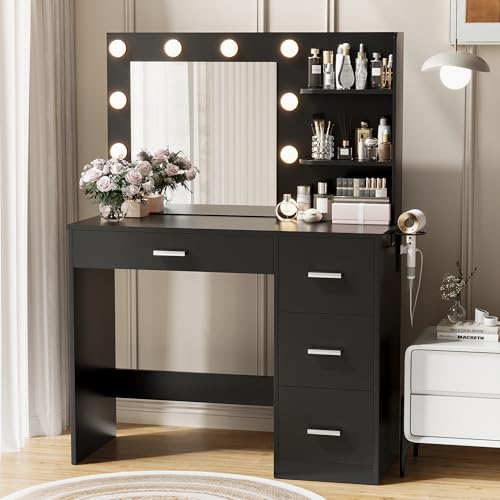 Image of YESHOMY Vanity Desk with Mirror, LED Lights and Storage, Black