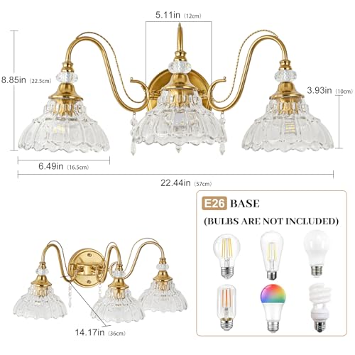 Image of Vintage Bathroom Vanity Light, 3-Light Brushed Gold Finish Wall Sconce with Hanging Crystal Accents and Flower-Shaped Clear Glass Shades, Retro Wall Mount Vanity Light Over Mirror for Bathroom