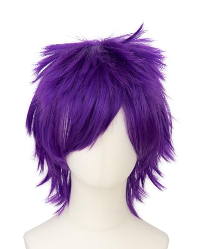 Image of Rose bud Anime Halloween Purple Wig for Cosplay Party Synthetic Layered Short Hair Wigs with Fringe Pastel Funny Wigs for Women Men