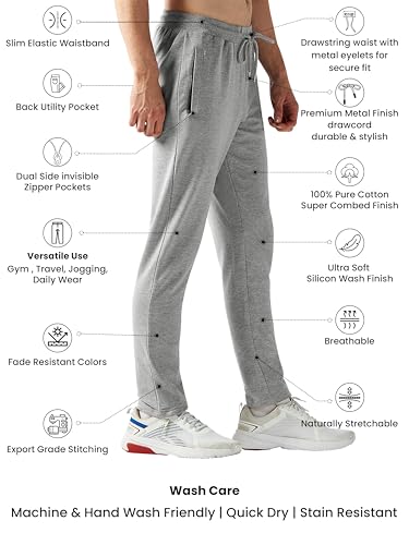 Image of Clans & Hans Men's 100% Pure Cotton Regular Fit Mid Rise Track Pant with Zipper Side Pockets and Back Pocket | Casual Gym Jogging Lounge Wear