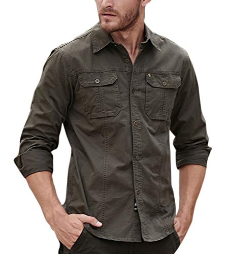 Flygo Mens Cotton Regular Fit Shirt Long Sleeve Button Down Double Pocket Dress Shirt