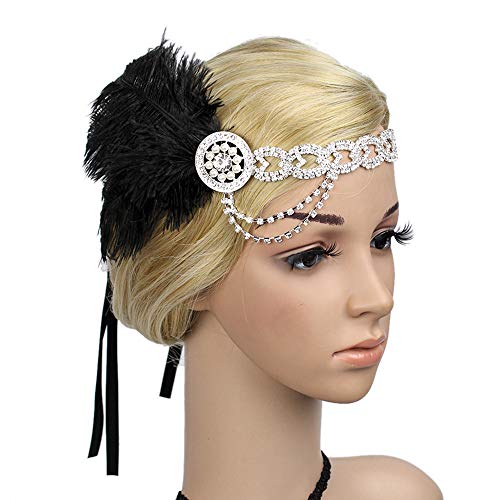 1920s Flapper Headpiece with Feathers Vintage Style Antique Rhinestone Chain Headband Great Gatsby Hair Piece (Black)