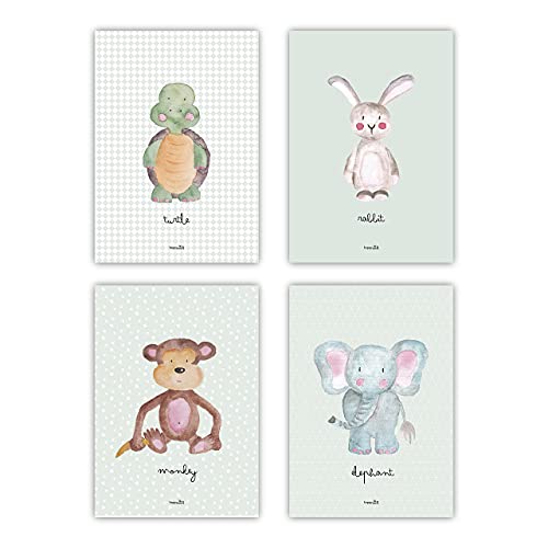 Happymots - Cuadros de animales - Juego de 4 Láminas Infantiles ideales para decorar la habitación de los más pequeños - Bonitos Cuadros...