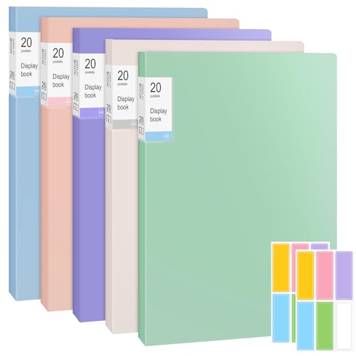 Image of 5 Pack A4 Display Books 20 Pockets Display Folders with Plastic Sleeves, A4 Document Folders with Plastic Pockets, Certificate Presentation Project Folders for Office, Home, School Business Reports