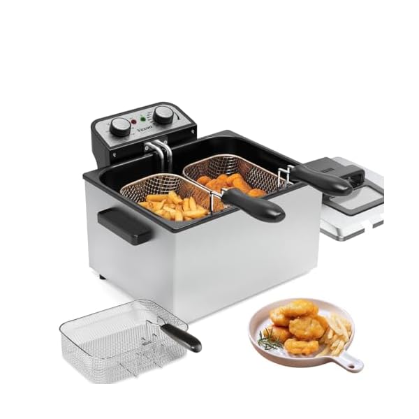 1800W 5 Liters/21 Cups Large Electric Deep Fryer with 3 Frying Baskets for Home Use, Adjustable Temperature,View Window Lid,Countertop Stainless Steel Body Deep Fryer Pot,Perfect for Kitchen, Fry Fish
