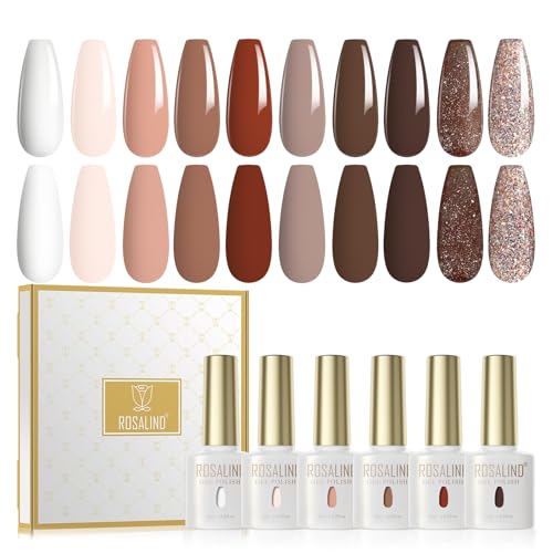 ROSALIND Esmaltes Semipermanentes, 10 Colores Blanco Nude Oscuro Claro Marrón Colores Pintauñas Semipermanentes, UV LED Marrón Pintauñas Gel Otoñales e Invernales Manicure Regalo