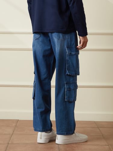 Image of WROGN Men's 100% Cotton Cargo Jeans | Solid | Loose Fit