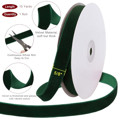 Image of Tsorode 10 Yards Dark Green Velvet Ribbon for Christmas Tree,5 /8 Inch